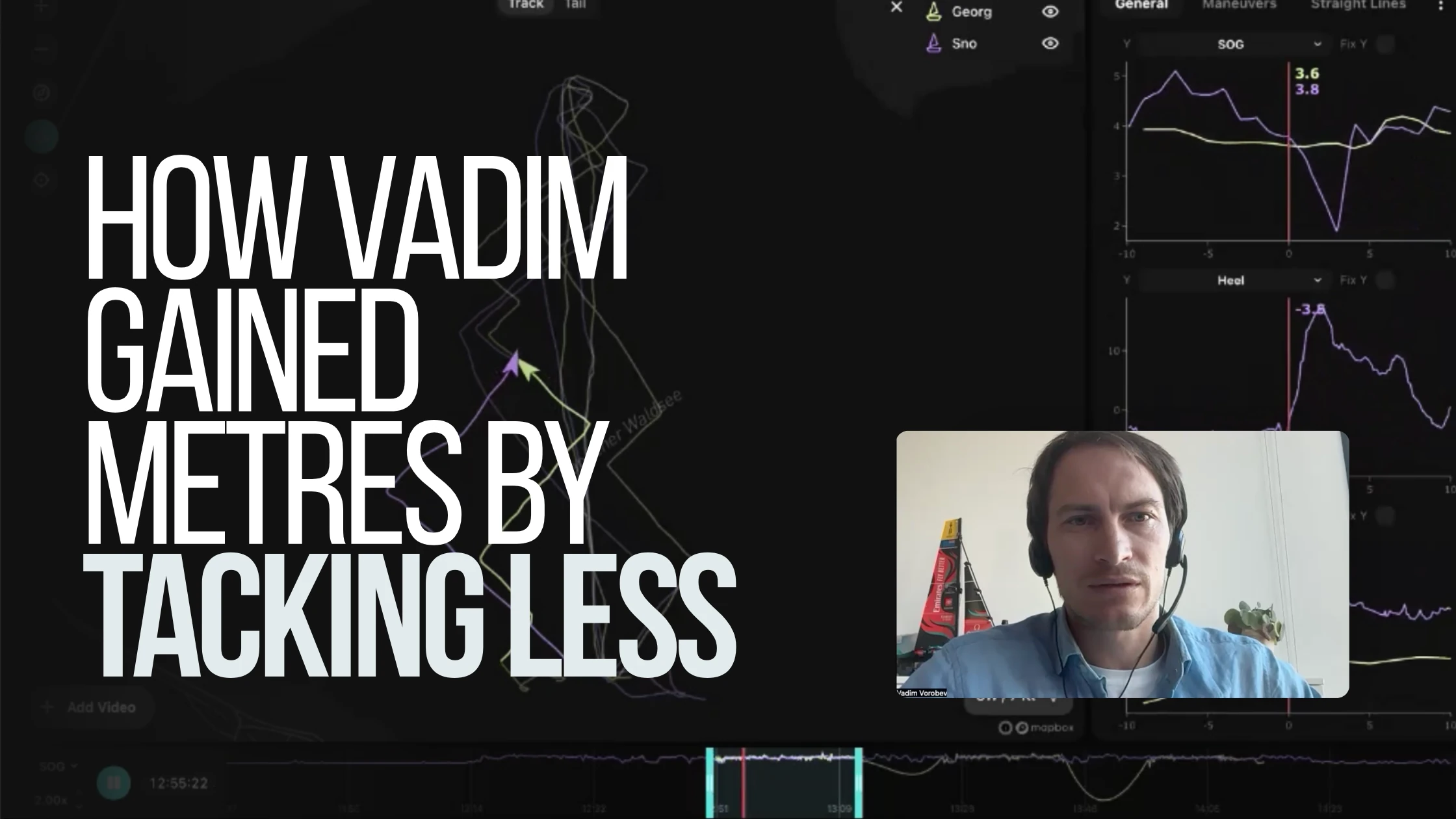 Vadim on a video call in front of kTool's analyzer, where two boats' tracks and their speed and heel through a tack are compared, beside the title 'How Vadim Gained Metres by Tacking Less'