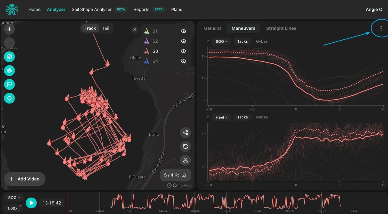 kTool's analyzer with a session track on the map and the Maneuvers tab open, showing tack speed and heel curves, with an arrow pointing to the three-dot menu at the top right of the charts