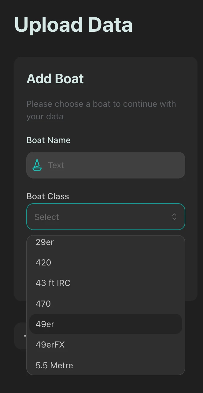 The Add Boat form with a Boat Name field and the Boat Class dropdown open, listing classes such as 29er, 420, 470, 49er and 49erFX