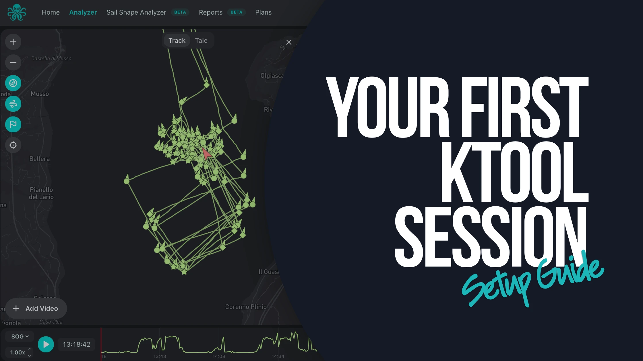 kTool's analyzer showing a logged GPS track over a lake map with the speed timeline below it, beside the title 'Your First kTool Session — Setup Guide'