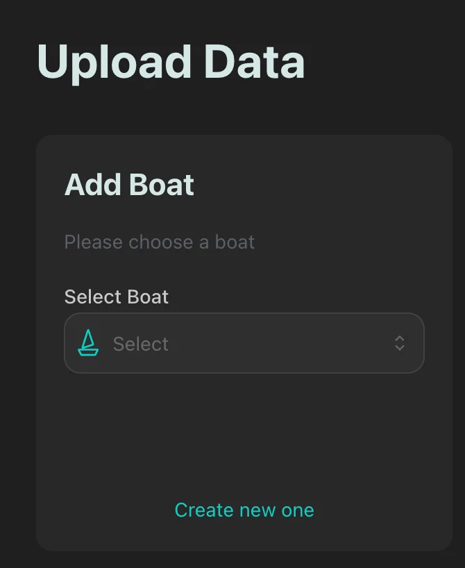 kTool's Upload Data screen with the Add Boat panel, a Select Boat dropdown and a 'Create new one' link