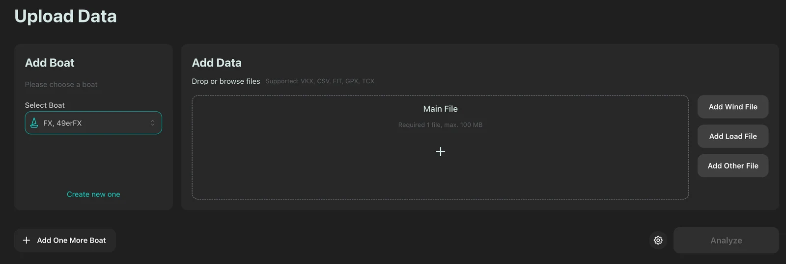 The Upload Data screen with a boat selected, a drop zone for the main file listing supported VKX, CSV, FIT, GPX and TCX formats, and buttons to add wind, load and other files